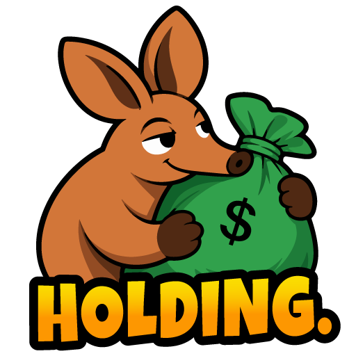 Holding. AARD hugging a bag of money.